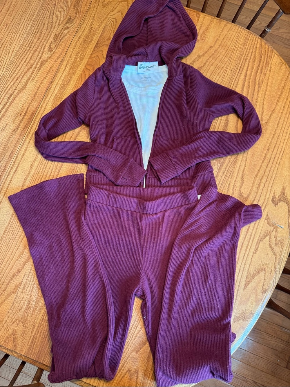 3 Pcs. Set - No Boundaries Ribbed Hooded Zip Jacket & Jogger Set - Berry Plum